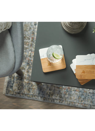 Marble and Bamboo Coaster Set - NATURAL | PromoEO