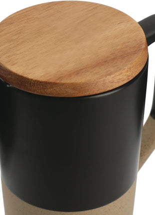 Tahoe Tea & Coffee Ceramic Mug with Wood Lid 16oz - Black | PromoEO