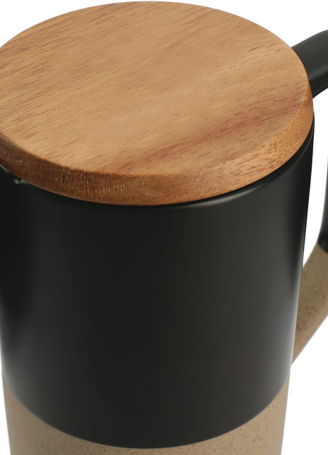 Tahoe Tea & Coffee Ceramic Mug with Wood Lid 16oz - Black | PromoEO