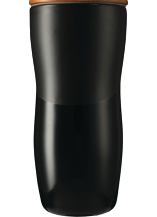 Reno Double Wall Ceramic Tumbler w/Wood Lid 10oz - Black | PromoEO