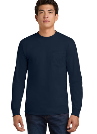 Gildan® - Ultra Cotton® 100% US Cotton Long Sleeve T-Shirt with Pocket.  2410 - Navy | Gildan
