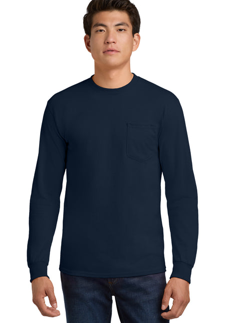 Gildan® - Ultra Cotton® 100% US Cotton Long Sleeve T-Shirt with Pocket.  2410 - Navy | Gildan