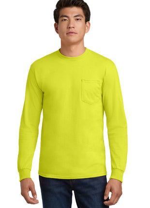 Gildan® - Ultra Cotton® 100% US Cotton Long Sleeve T-Shirt with Pocket.  2410 - Safety Green | Gildan
