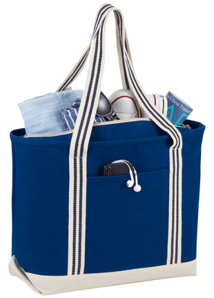 Atlantic Stripe 20oz Cotton Zippered Tote - Navy | PromoEO