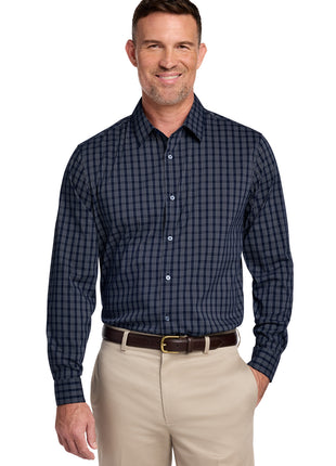 Brooks Brothers® Tech Stretch Patterned Shirt BB18006 - Navy Blazer/ White Grid Check | Brooks Brothers