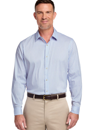 Brooks Brothers® Tech Stretch Patterned Shirt BB18006 - Newport Blue/ Pearl Pink Fine Check | Brooks Brothers