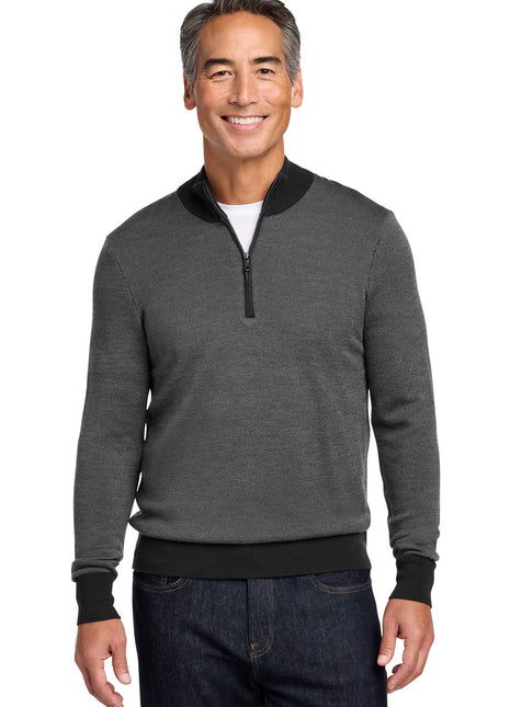 Brooks Brothers® Washable Merino Birdseye 1/4-Zip Sweater BB18412 - Deep Black/ Shadow Grey | Brooks Brothers