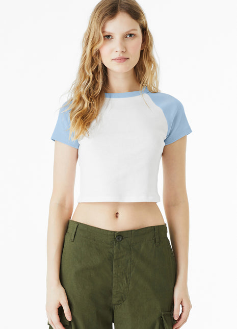 BELLA+CANVAS® Women's Micro Rib Raglan Baby Tee BC1201 - White/ Baby Blue | Bella + Canvas