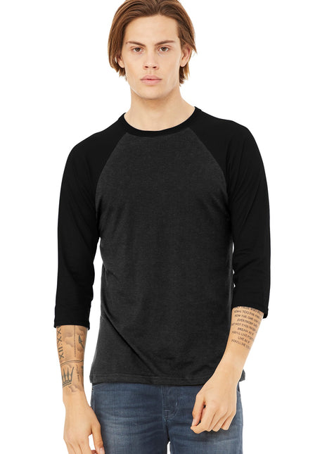 BELLA+CANVAS ® Unisex 3/4-Sleeve Baseball Tee. BC3200 - Black Heather/ Black | Bella + Canvas