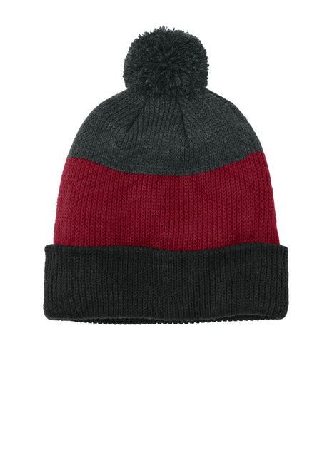 Port Authority® Cozy Striped Pom Beanie C979 - Deep Black/ Rich Red/ Charcoal Heather | Port Authority