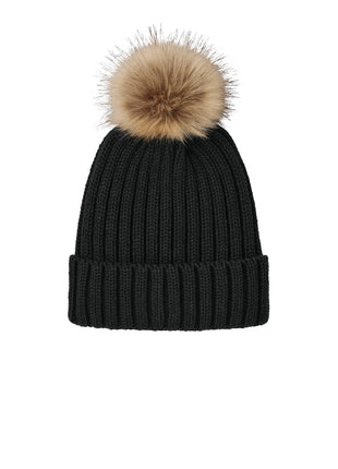 Port Authority® Faux Fur Pom Beanie C990 - Deep Black | Port Authority