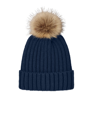 Port Authority® Faux Fur Pom Beanie C990 - River Blue Navy | Port Authority