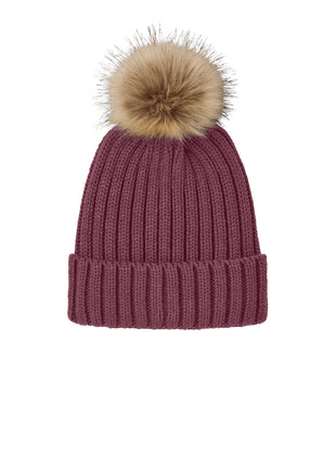 Port Authority® Faux Fur Pom Beanie C990 - Rosewood | Port Authority