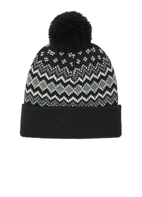 Port Authority® Alpine Pom Beanie C991 - Deep Black/ Gusty Grey/ Marshmallow | Port Authority