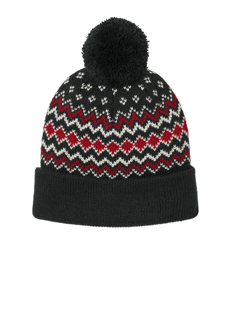 Port Authority® Alpine Pom Beanie C991 - Deep Black/ Rich Red/ Marshmallow | Port Authority
