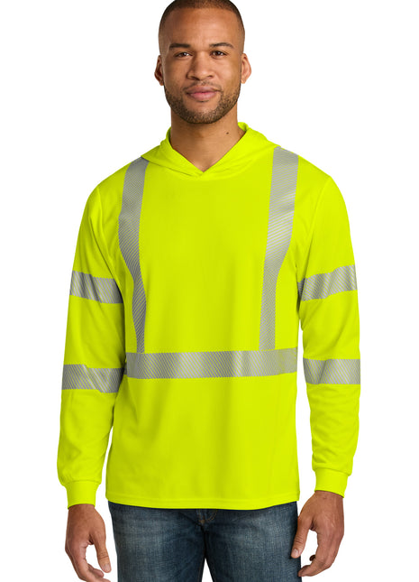 CornerStone® ANSI 107 Class 3 Long Sleeve Segmented Tape Hooded Tee CS208 - Safety Yellow | CornerStone