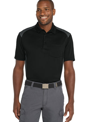 CornerStone® Select Snag-Proof Two Way Colorblock Pocket Polo. CS416 - Black/ Charcoal | CornerStone