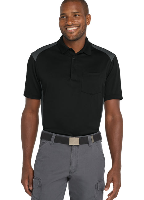 CornerStone® Select Snag-Proof Two Way Colorblock Pocket Polo. CS416 - Black/ Charcoal | CornerStone