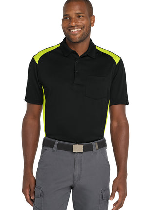 CornerStone® Select Snag-Proof Two Way Colorblock Pocket Polo. CS416 - Black/ Shock Green | CornerStone
