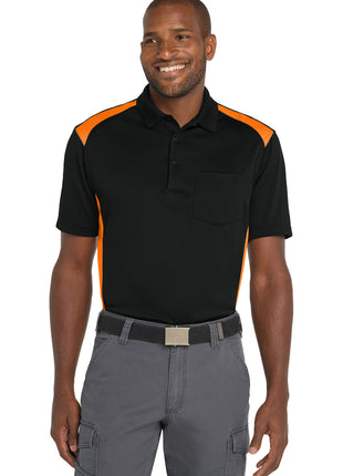 CornerStone® Select Snag-Proof Two Way Colorblock Pocket Polo. CS416 - Black/ Shock Orange | CornerStone