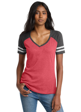 District ® Women's Game V-Neck Tee. DM476 - Heathered Red/ Heathered Charcoal | District