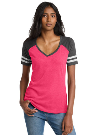 District ® Women's Game V-Neck Tee. DM476 - Heathered Watermelon/ Heathered Charcoal | District