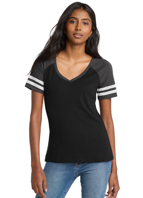 District ® Women's Game V-Neck Tee. DM476 - Black/ Heathered Charcoal | District