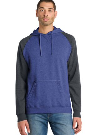District® Young Mens Lightweight Fleece Raglan Hoodie.  DT196 - Heathered Deep Royal/ Heathered Charcoal | District