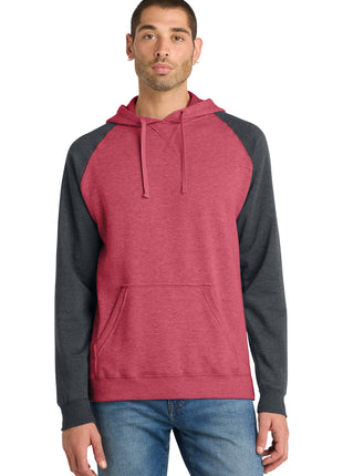 District® Young Mens Lightweight Fleece Raglan Hoodie.  DT196 - Heathered Red/ Heathered Charcoal | District