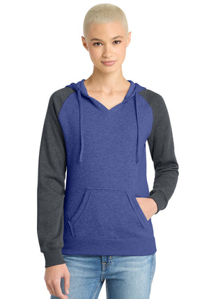 District® Women's Lightweight Fleece Raglan Hoodie.  DT296 - Heathered Deep Royal/ Heathered Charcoal | District