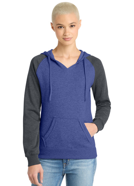 District® Women's Lightweight Fleece Raglan Hoodie.  DT296 - Heathered Deep Royal/ Heathered Charcoal | District