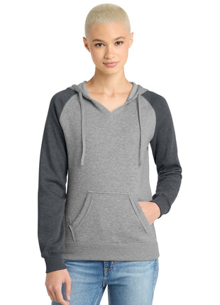 District® Women's Lightweight Fleece Raglan Hoodie.  DT296 - Heathered Grey/ Heathered Charcoal | District