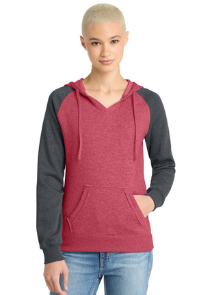 District® Women's Lightweight Fleece Raglan Hoodie.  DT296 - Heathered Red/ Heathered Charcoal | District