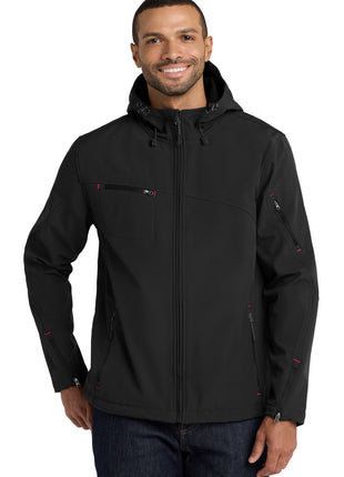 Port Authority® Textured Hooded Soft Shell Jacket. J706 - Black/ Engine Red | Port Authority
