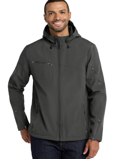 Port Authority® Textured Hooded Soft Shell Jacket. J706 - Charcoal/ Lemon Yellow | Port Authority