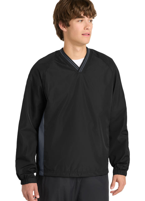 Sport-Tek® Tipped V-Neck Raglan Wind Shirt. JST62 - Black/ Graphite | Sport-Tek