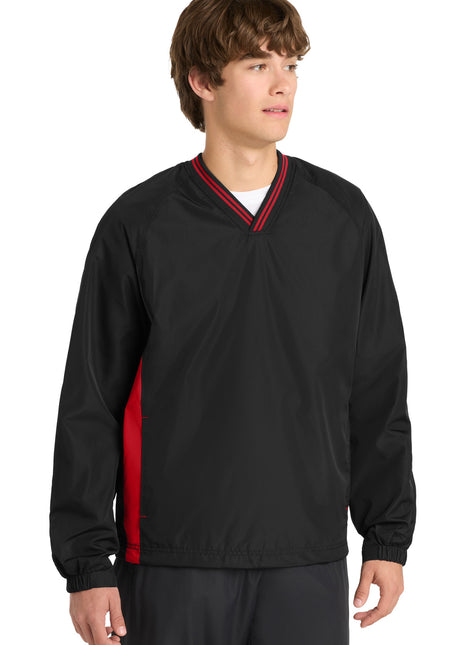 Sport-Tek® Tipped V-Neck Raglan Wind Shirt. JST62 - Black/ True Red | Sport-Tek