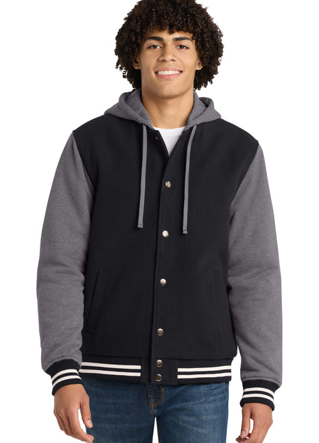Sport-Tek® Insulated Letterman Jacket. JST82 - Black/ Vintage Heather | Sport-Tek