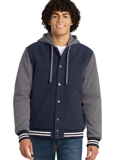 Sport-Tek® Insulated Letterman Jacket. JST82 - True Navy/ Vintage Heather | Sport-Tek