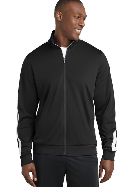 Sport-Tek ® Tricot Sleeve Stripe Track Jacket. JST94 - Black/ White | Sport-Tek