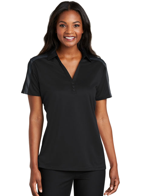 Port Authority® Women's Silk Touch™ Performance Colorblock Stripe Polo. L547 - Black/ Steel Grey | Port Authority