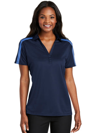 Port Authority® Women's Silk Touch™ Performance Colorblock Stripe Polo. L547 - Navy/ Carolina Blue | Port Authority