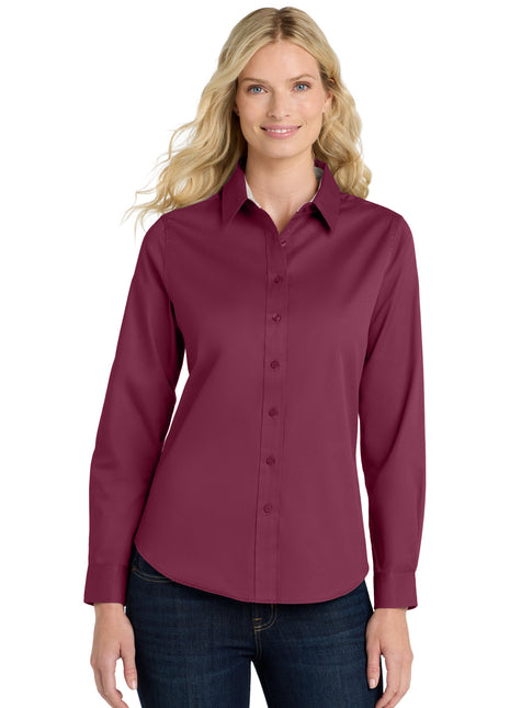 Port Authority® Women's Long Sleeve Easy Care Shirt.  L608 - Burgundy/ Light Stone | Port Authority