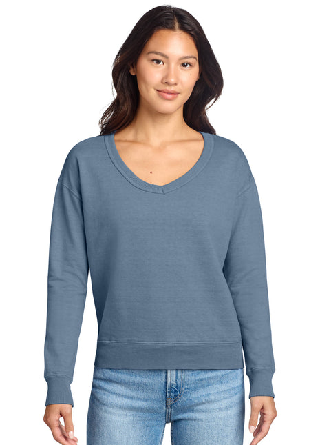 Port & Co™ Women's Beach Wash® Garment-Dyed V-Neck Sweatshirt LPC098V - Faded Denim | Port & Co