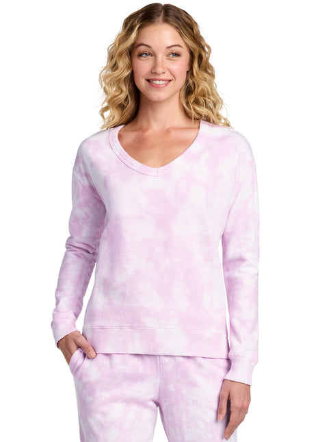 Port & Co™ Women's Beach Wash® Cloud Tie-Dye V-Neck Sweatshirt LPC140V - Cerise Pink | Port & Co