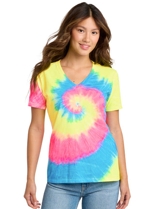 Port & Co™ Women's Tie-Dye V-Neck Tee.  LPC147V - Neon Rainbow | Port & Co