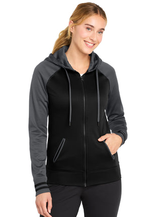 Sport-Tek® Women's Sport-Wick® Varsity Fleece Full-Zip Hooded Jacket. LST236 - Black/ Dark Smoke Grey | Sport-Tek