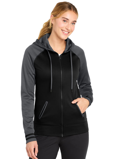 Sport-Tek® Women's Sport-Wick® Varsity Fleece Full-Zip Hooded Jacket. LST236 - Black/ Dark Smoke Grey | Sport-Tek