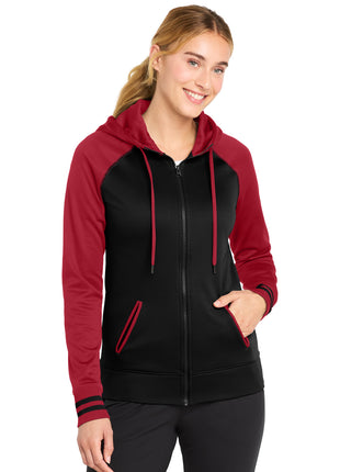 Sport-Tek® Women's Sport-Wick® Varsity Fleece Full-Zip Hooded Jacket. LST236 - Black/ Deep Red | Sport-Tek