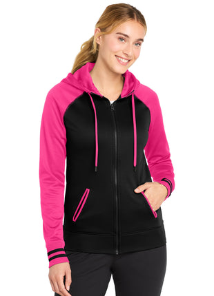 Sport-Tek® Women's Sport-Wick® Varsity Fleece Full-Zip Hooded Jacket. LST236 - Black/ Neon Pink | Sport-Tek